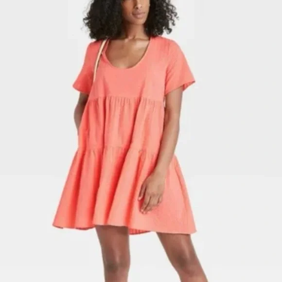 A New Day Textured Babydoll Tiered Dress XL Coral Pink Orange Universal Thread‎ - Picture 2 of 6